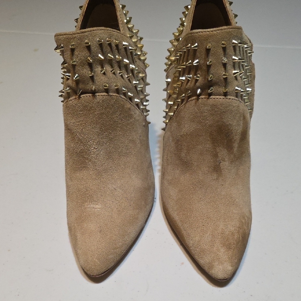 Sam Edelman Tan Suede Pointed-Toe Slip-On Heels with Gold Spike Studs